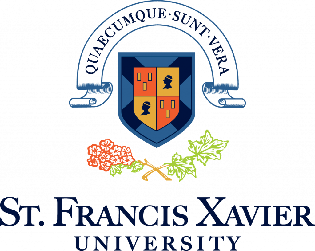 Logo of St. Francis Xavier University, including a crest and the words "QUAECUMQUE SUNT VERA".