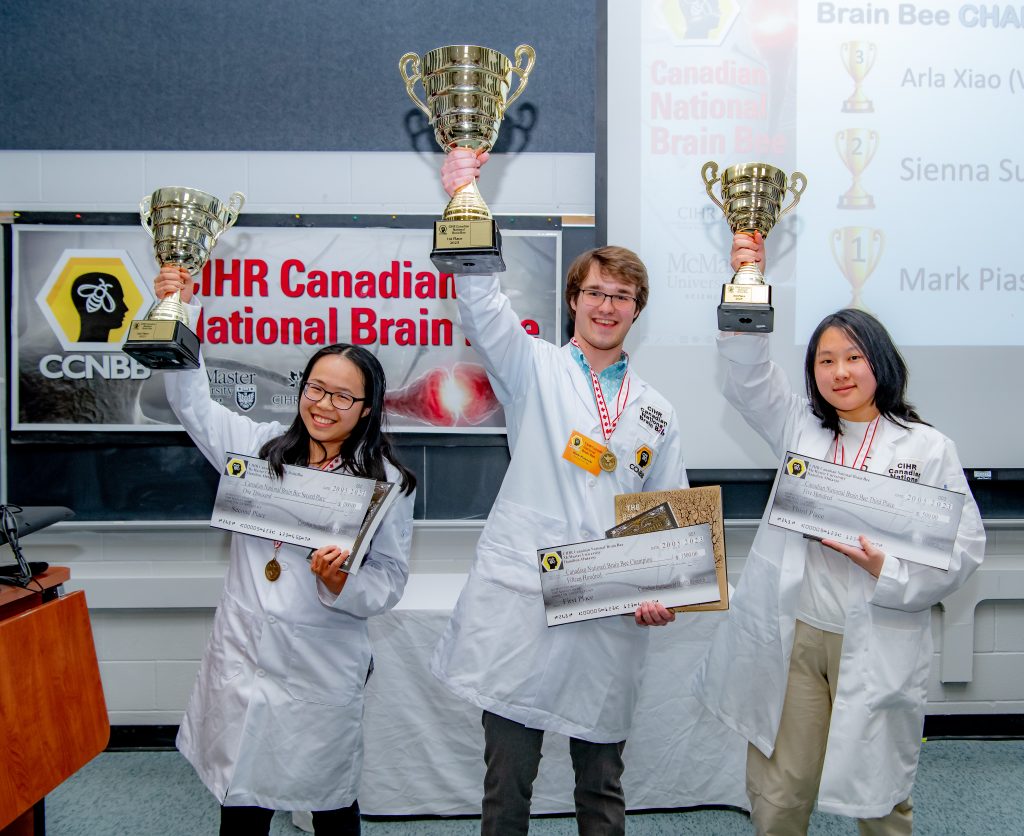 Congratulations to Mark Piasecki, Winnipeg Brain Bee (FIRST Place), Sienna Su, Hamilton Brain Bee (SECOND Place), and Arla Xiao, Vancouver Brain Bee (THIRD Place), winners of the 2023 Canadian National Brain Bee!
